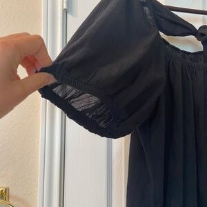 Light Weight Puff-Sleeve Tie-Back Swing Black Blouse 100% cotton  size L